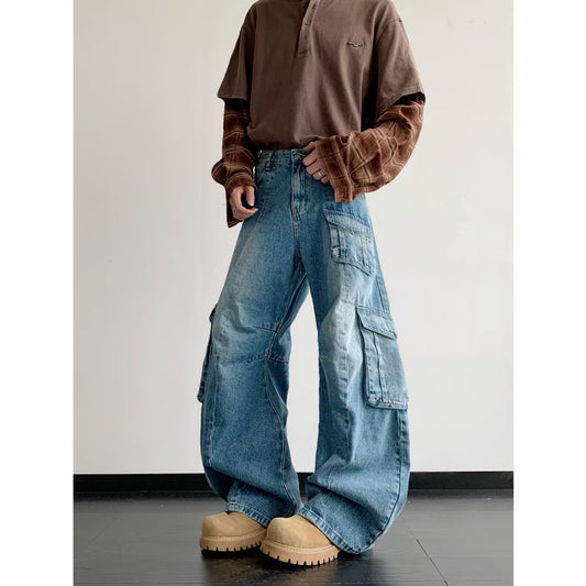 Multi Pocket Curved Knife Denim Wide Leg Pants