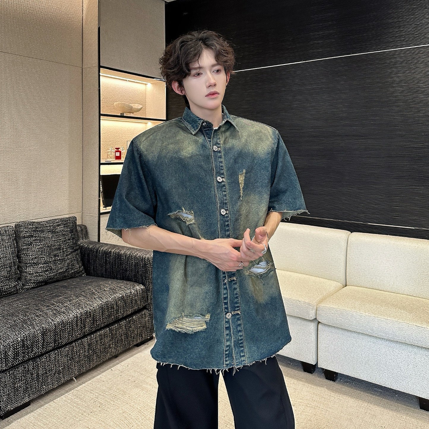 Ripped Denim Jacket - Short Sleeved with Shoulder Pads
