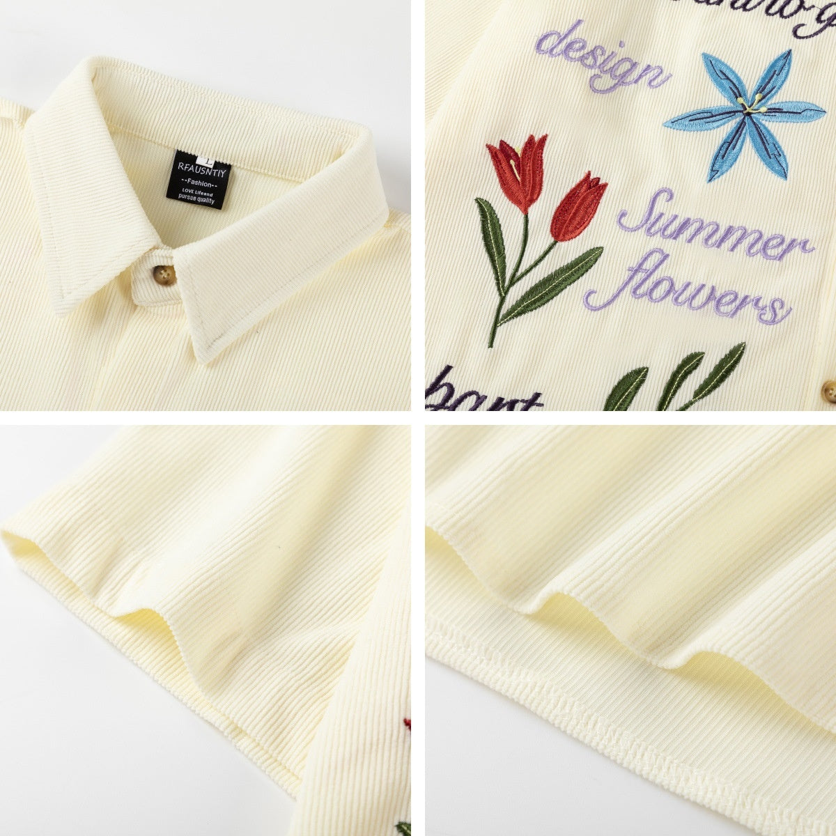Retro Floral Embroidery Corduroy Short Sleeve Shirt