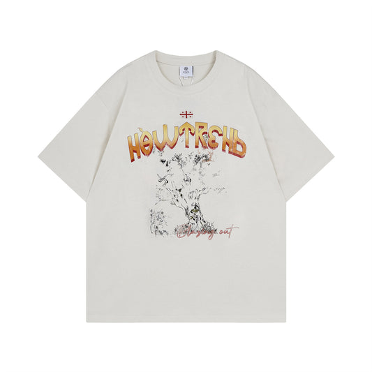 Retro Washed Vintage Tree Tee - Loose Fit Summer T-Shirt