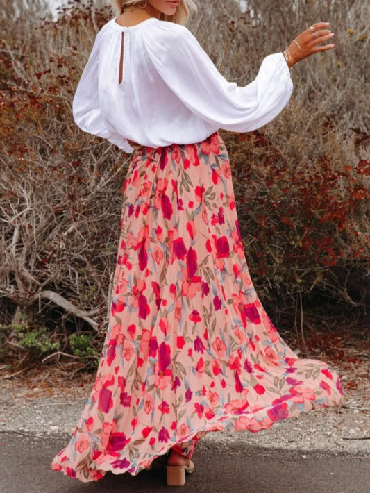 Playful Printed Elastic Waist Pleated Maxi Skirt