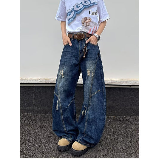 Deep Blue Wide Leg Ripped Denim Knife Pants