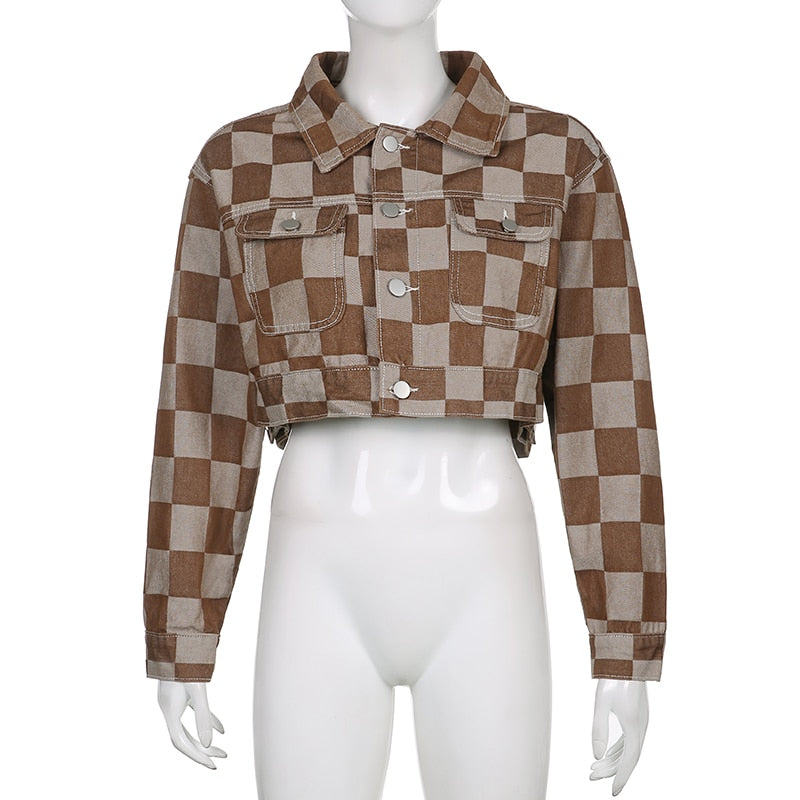 Vintage Brown Plaid Denim Jacket for Women