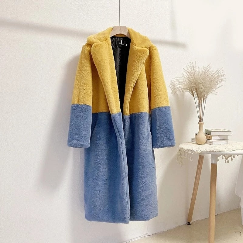 Mid-Length Mink Velvet Faux Fur Coat with Furry Collar