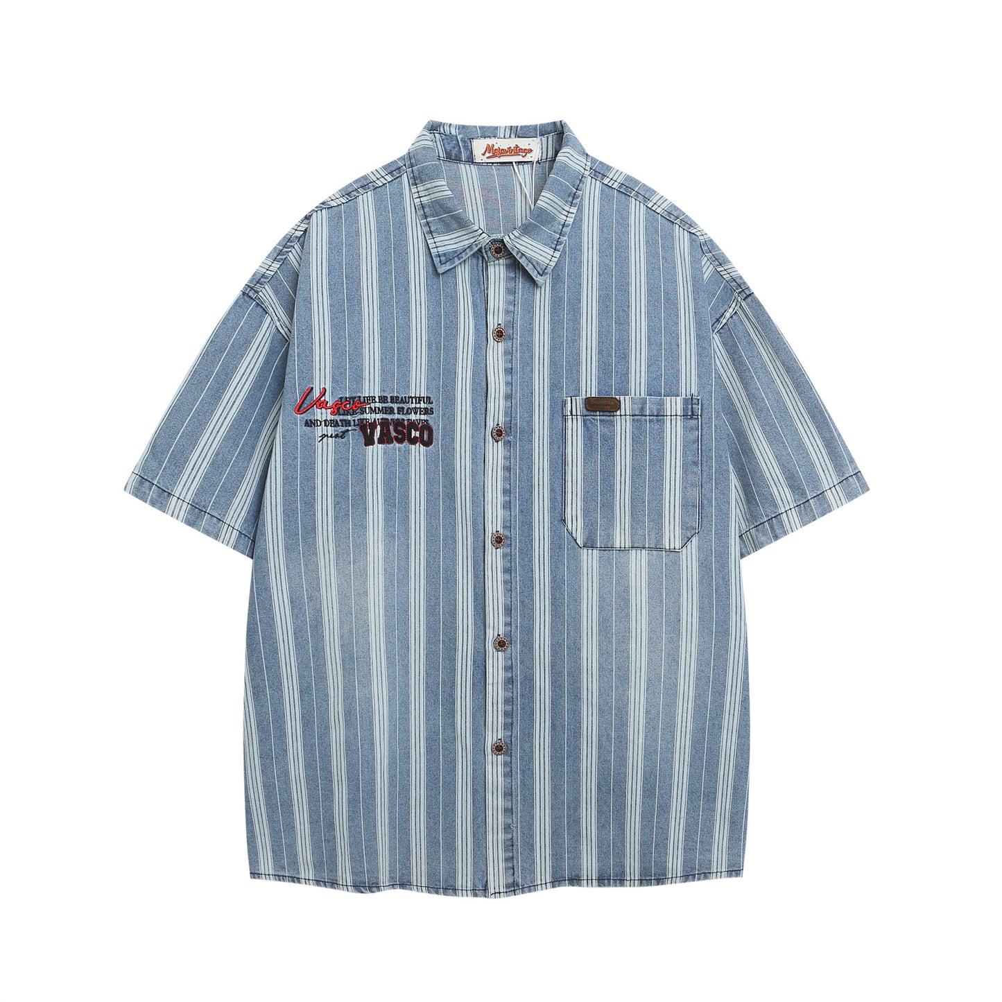 Retro Washed Letter Embroidered Striped Denim Shirt