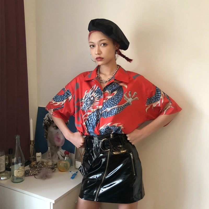 Oversized Harajuku Style Dragon Print Blouse