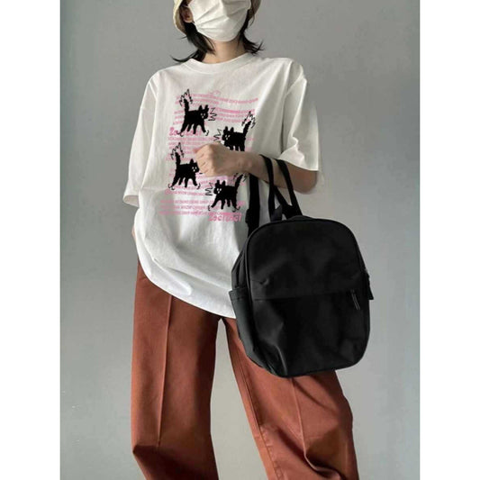 Cat Pattern Round Neck T-shirt — Harajuku Street Style Unisex Loose Fit