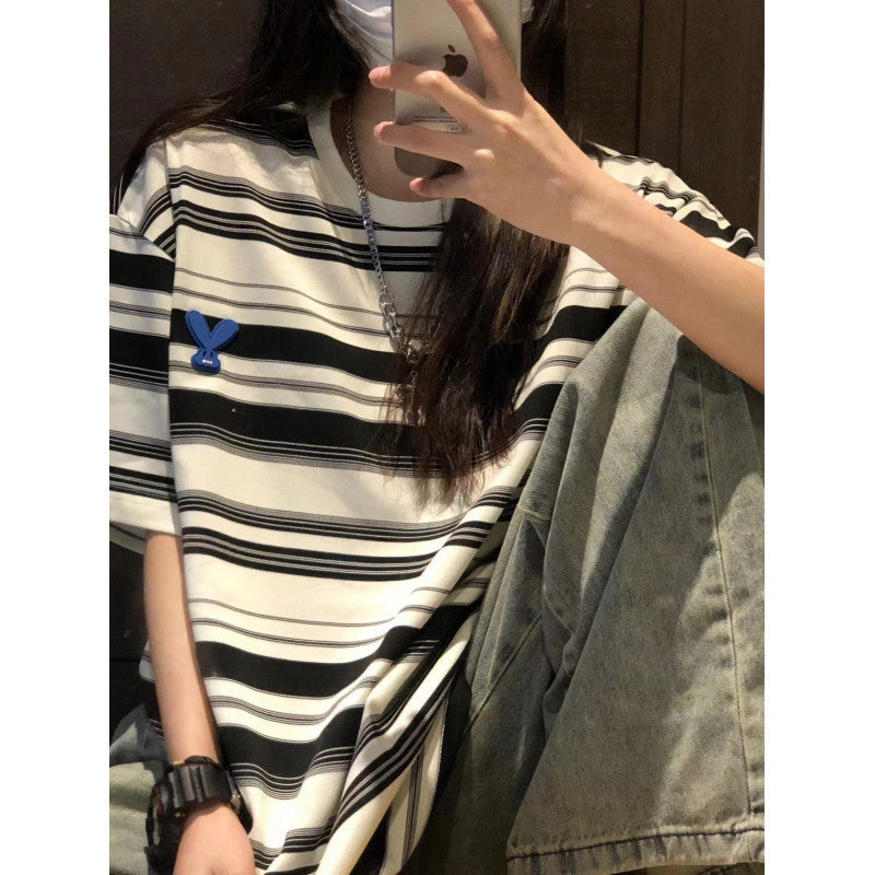 Summer Blue and White Striped T-Shirt Loose Top