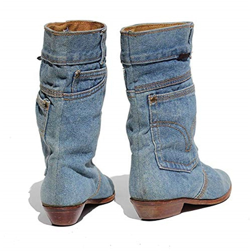 Playful Low Heel Denim Cowboy Boots for Women