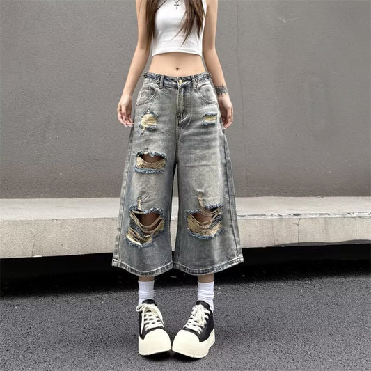 Light Colored Perforated Cropped Denim Pants for Women