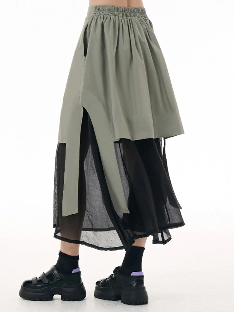 Harajuku Style High Elastic Waist Gray Ribbon Mesh Skirt