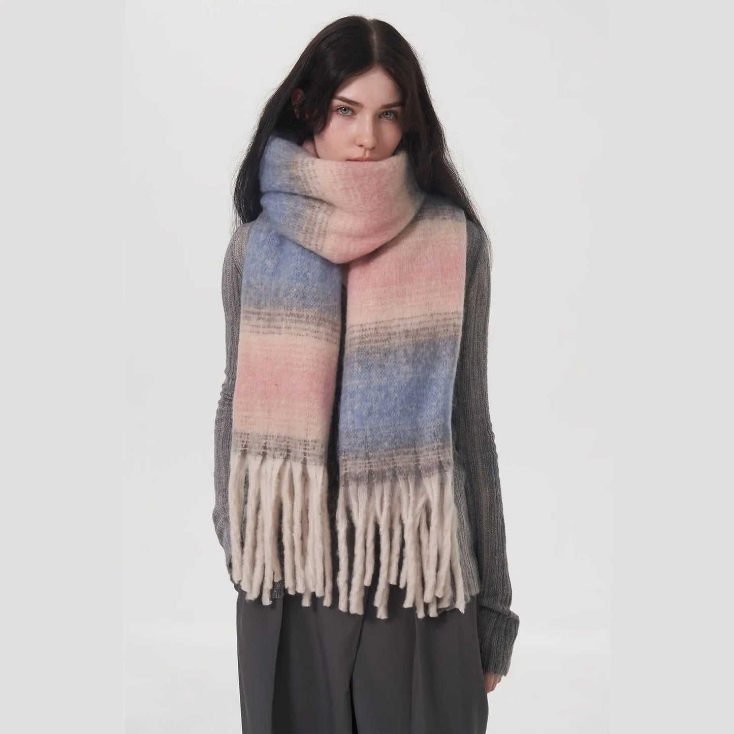 Gradient Color Block Cashmere Scarf with Tassels