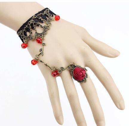 Retro Flower Vine Lace Bracelet with Ring - Harajuku Style