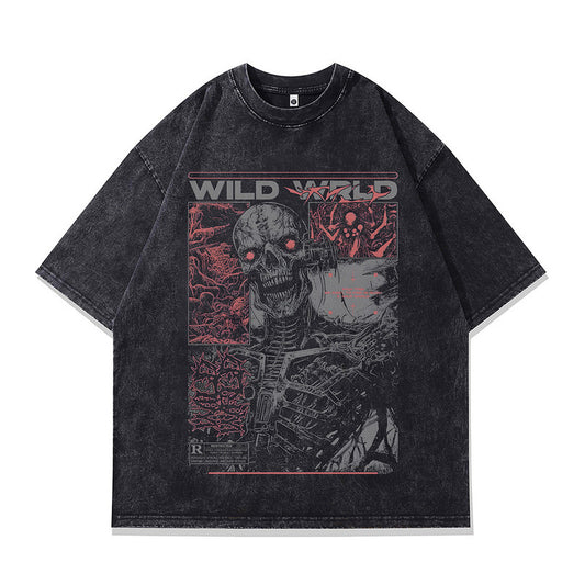 Harajuku Style Distressed Skull Print T-Shirt