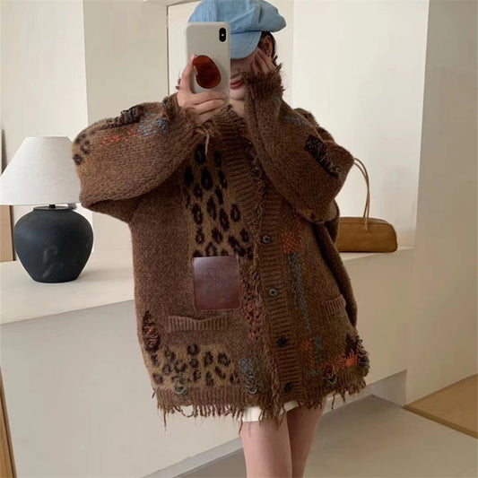 Retro Leopard Print Patchwork Cardigan Sweater