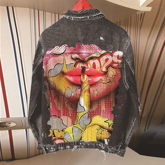 Playful Tongue Out Print Denim Jacket