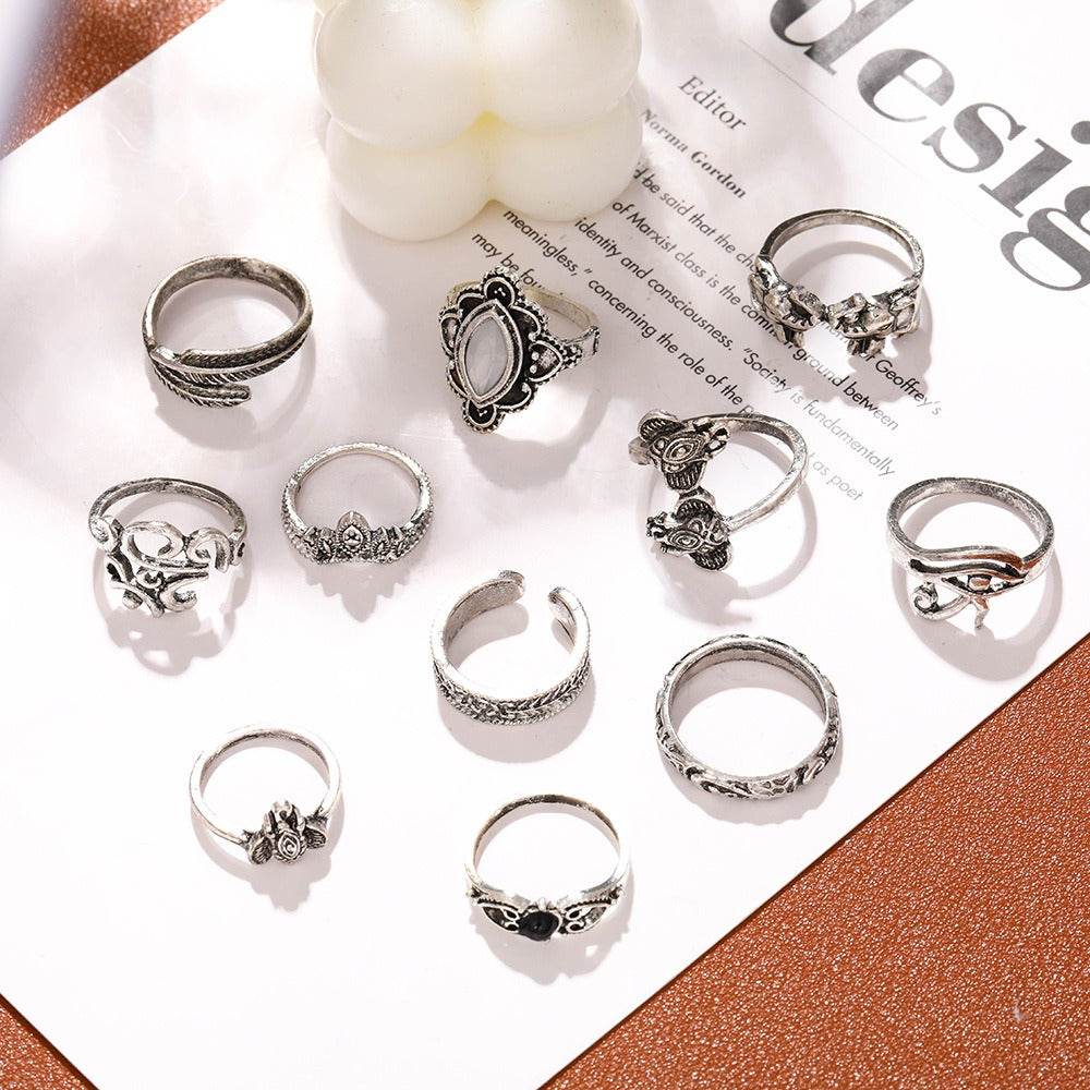 Retro Vintage Feather Elephant Joint Ring Set - 11 Piece Bracelet Collection