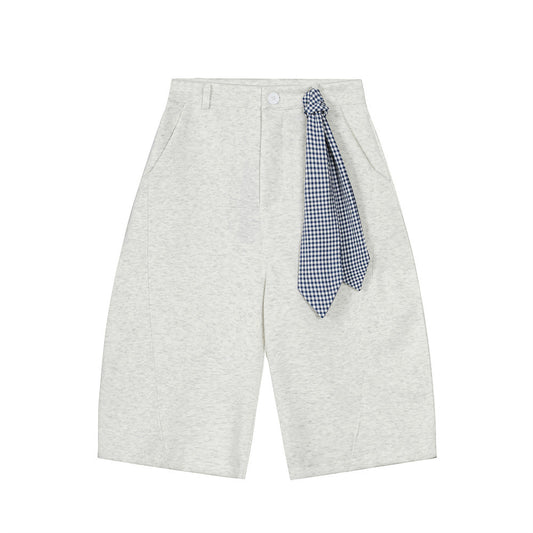 Trendy Arc-Shaped Casual Shorts with Detachable Plaid Scarf