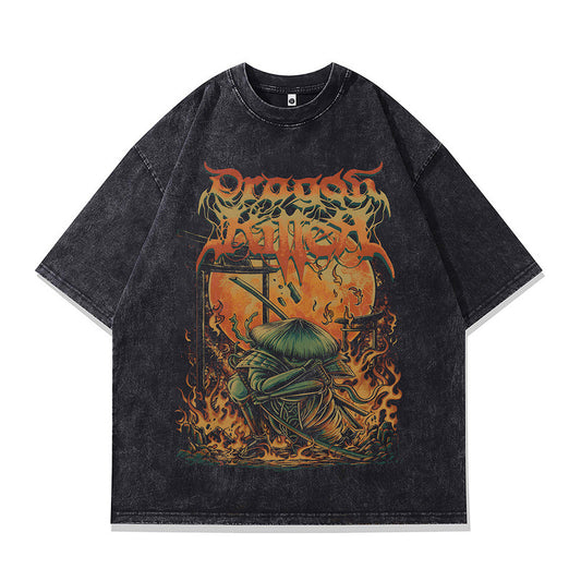 Skull Print Vintage Washed Loose Fit T-Shirt for Men