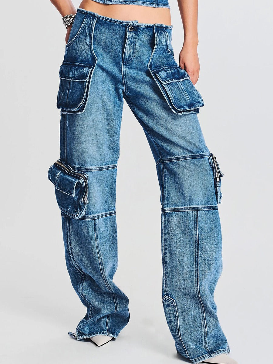 Harajuku Style Mid Waist Buckle Multi-Pocket Denim Pants