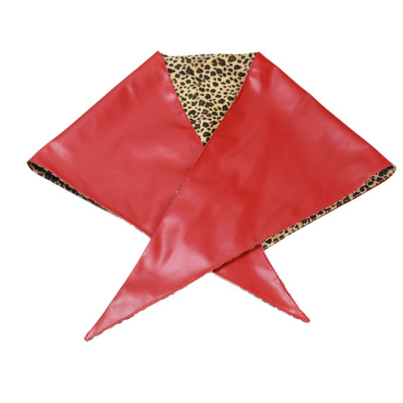 Double-Sided Leopard Print & Leather Triangular Scarf with Headband