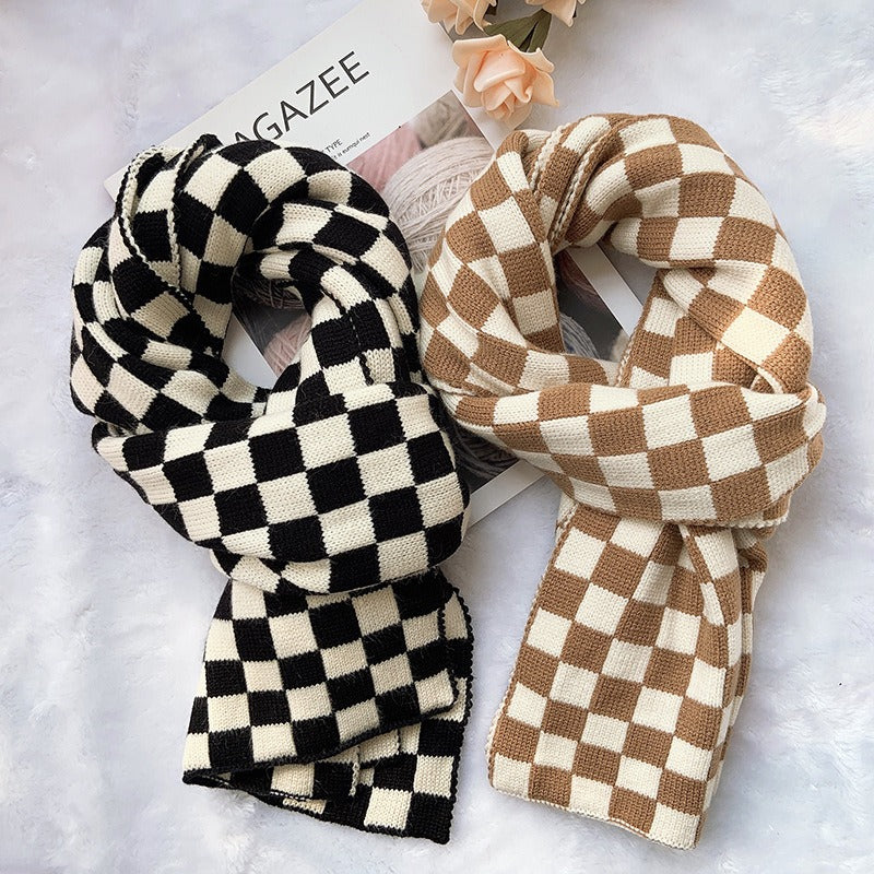 Harajuku Style Checkerboard Plaid Knitted Scarf