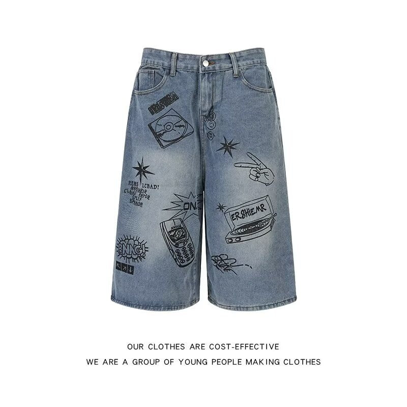 Graffiti Printed Denim Loose Retro Cropped Pants