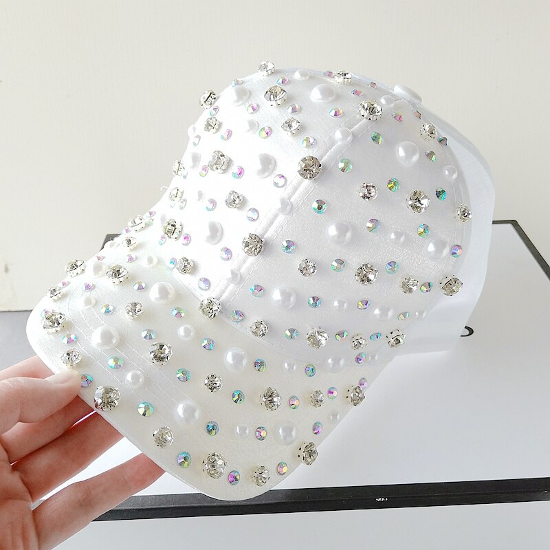 Harajuku Style Rhinestone Pearl Baseball Hat - White Pink