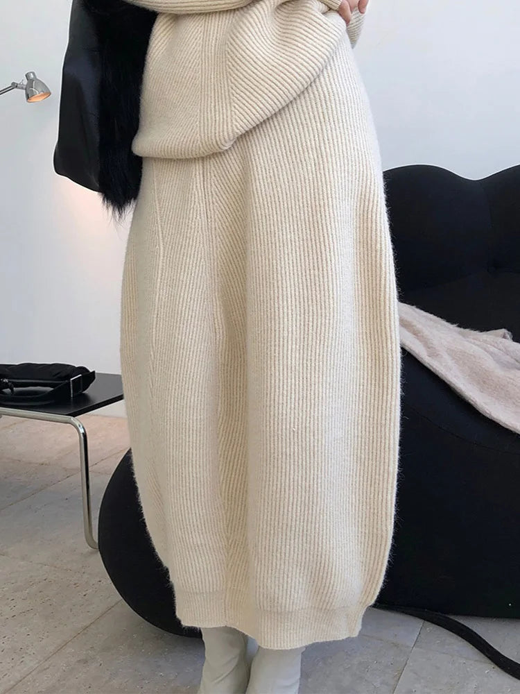 High Elastic Waist Apricot Irregular Knitting Skirt