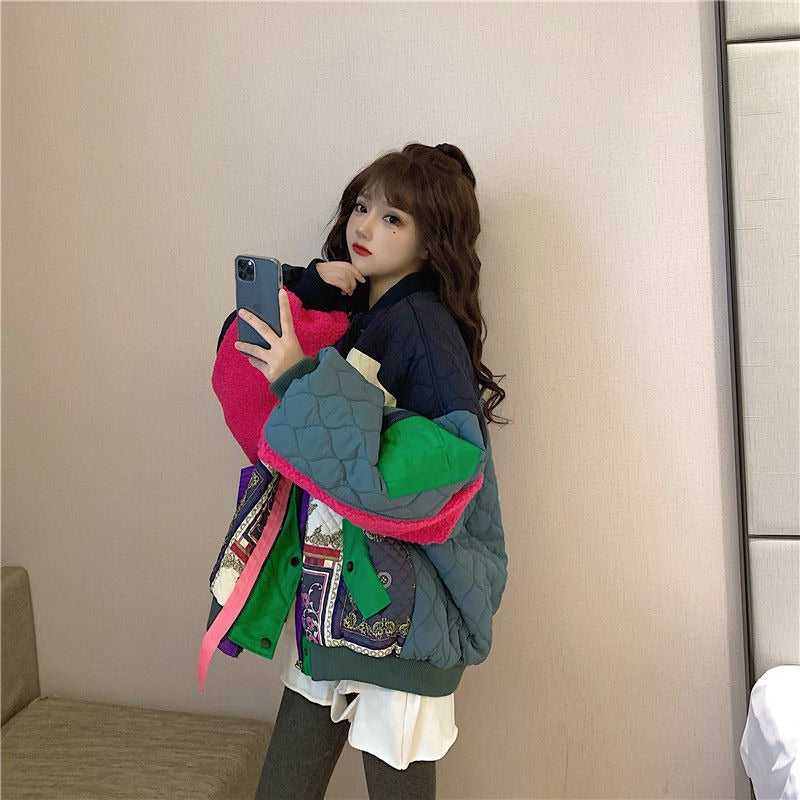 Harajuku Color Block Patchwork Baseball Jacket for Women