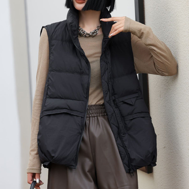 Harajuku Style Stand Collar Sleeveless White Duck Down Vest