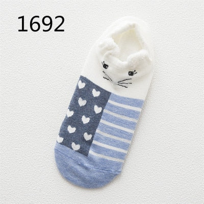 Kawaii Cat & Dog Cotton Socks for Women - Summer Boat Style