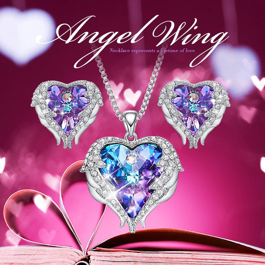 Swarovski Angel Wings Jewelry Set - Purple Blue Heart Pendant
