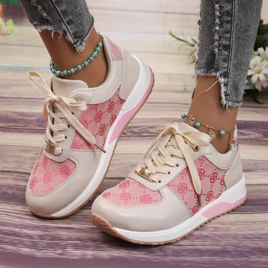 Flower Lace-Up Color Blocked Casual Sports Shoes