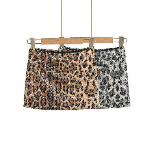 Leopard Print Sequin Wrapped Short Skirt for Women