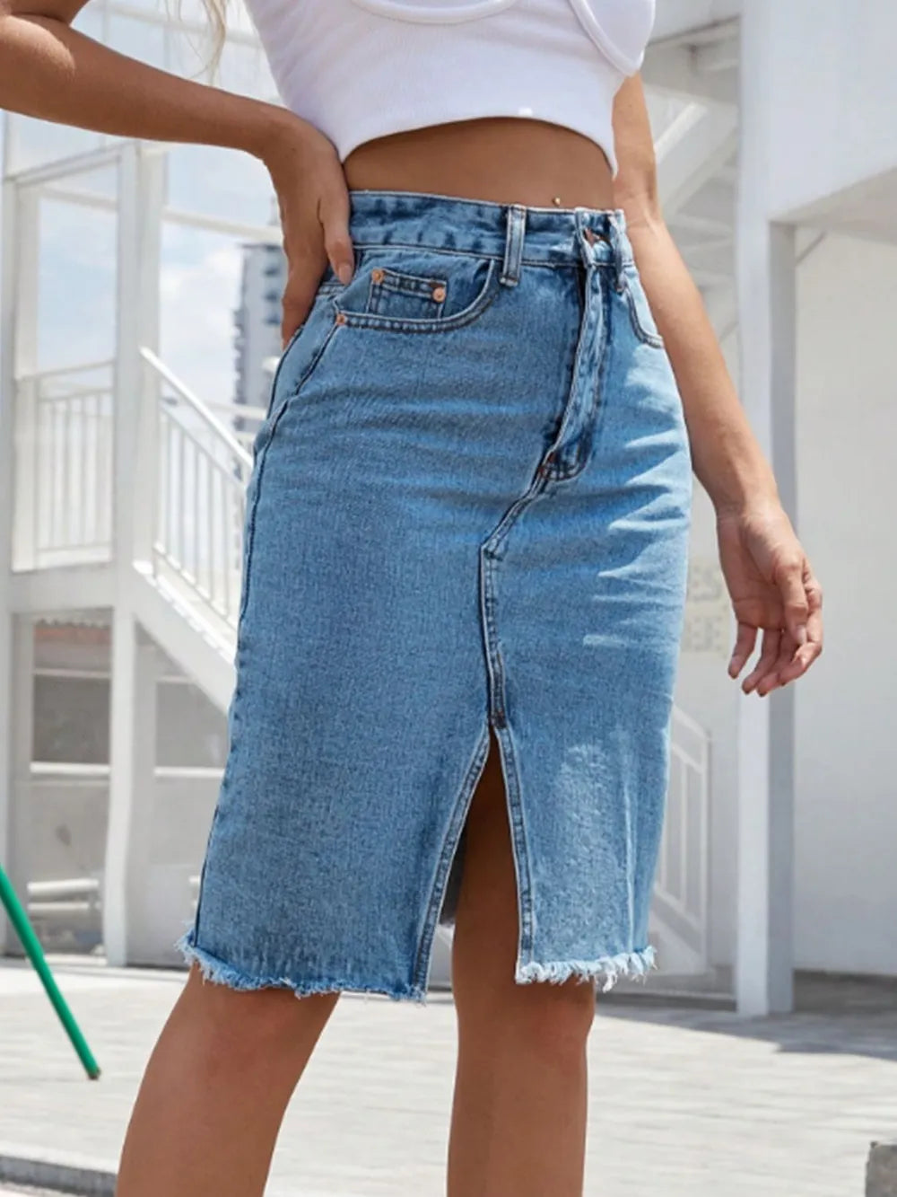 Trendy Raw Hem Slit Denim Skirt - Harajuku Style
