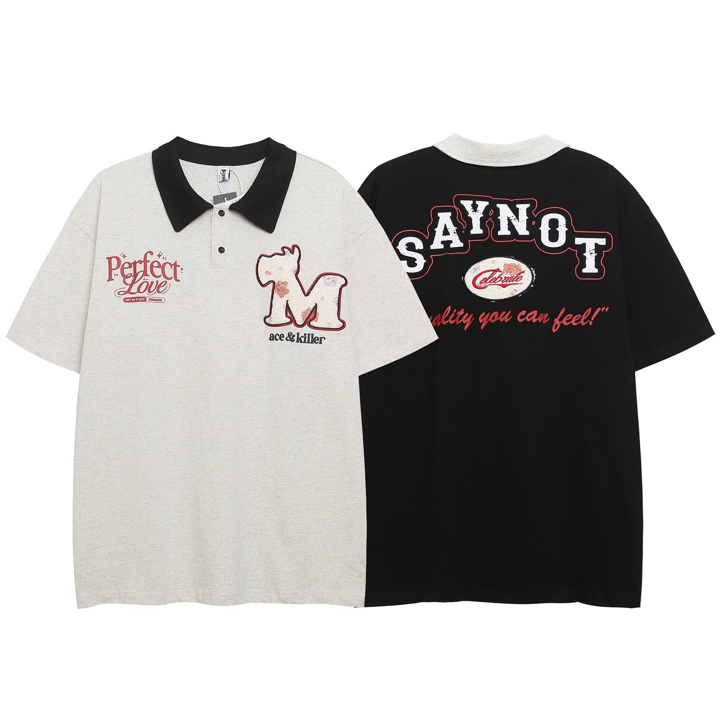 Retro Letter Embroidery Collar T-Shirt