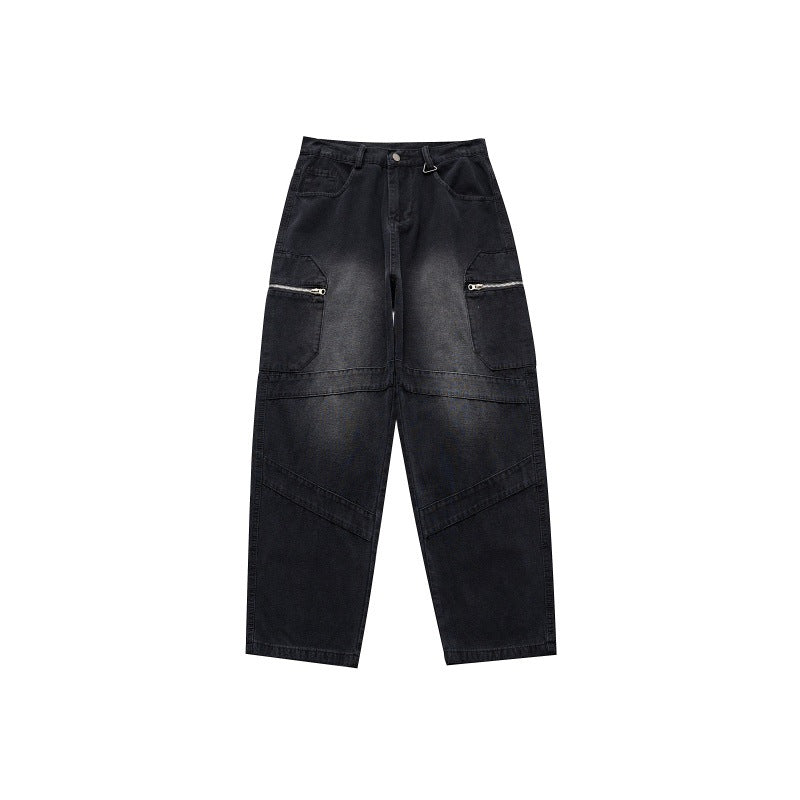 Deconstructing Zipper Large Pocket Denim Wide Leg Pants