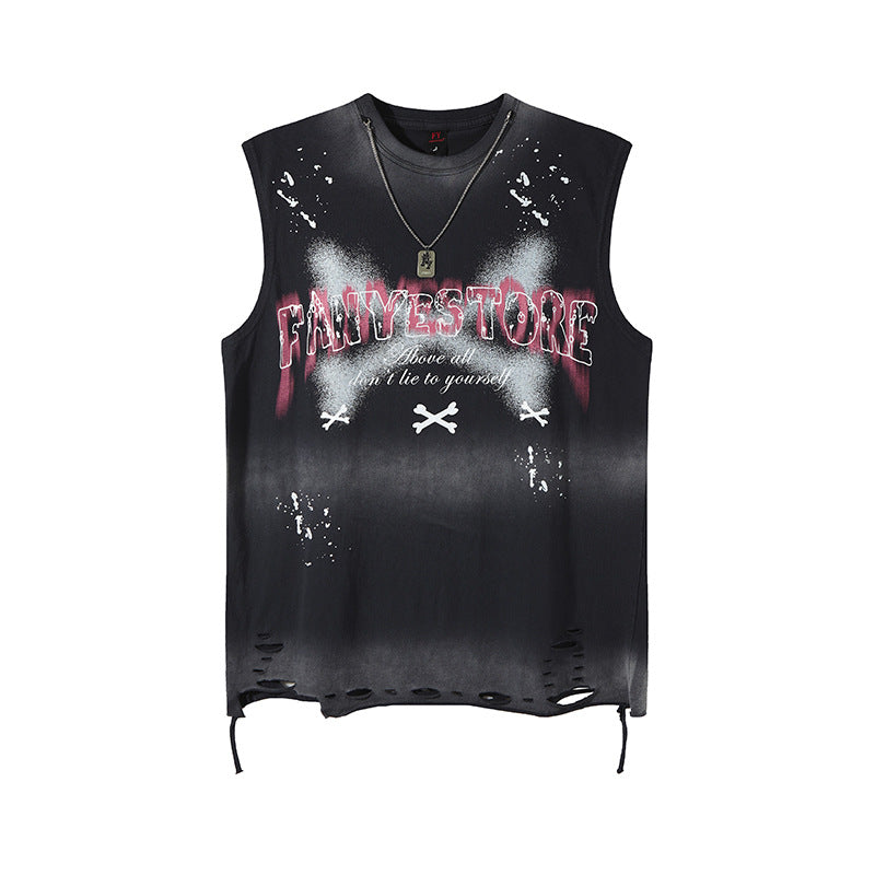 Tie-Dye Gradient Letter Sleeveless T-Shirt with Distressed Holes
