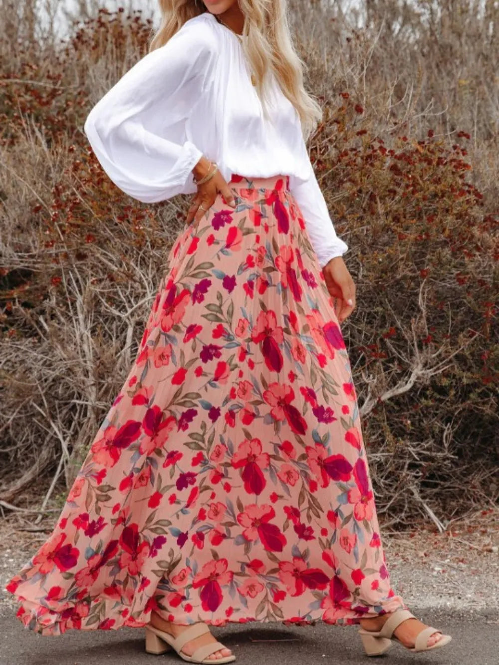 Playful Printed Elastic Waist Pleated Maxi Skirt