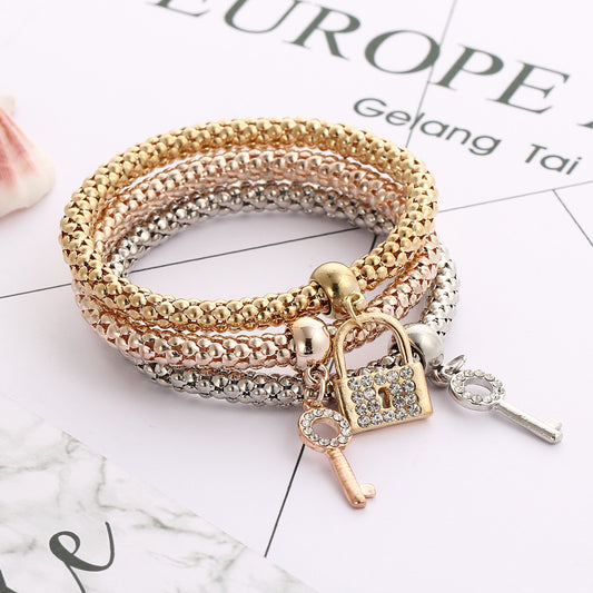 Harajuku Style Alloy Crystal Diamond Inlaid Key Lock Bracelet