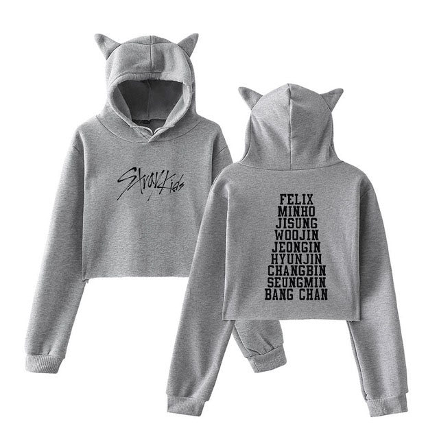 Kawaii Cat Ears StrayKids Cropped Hoodie for Women