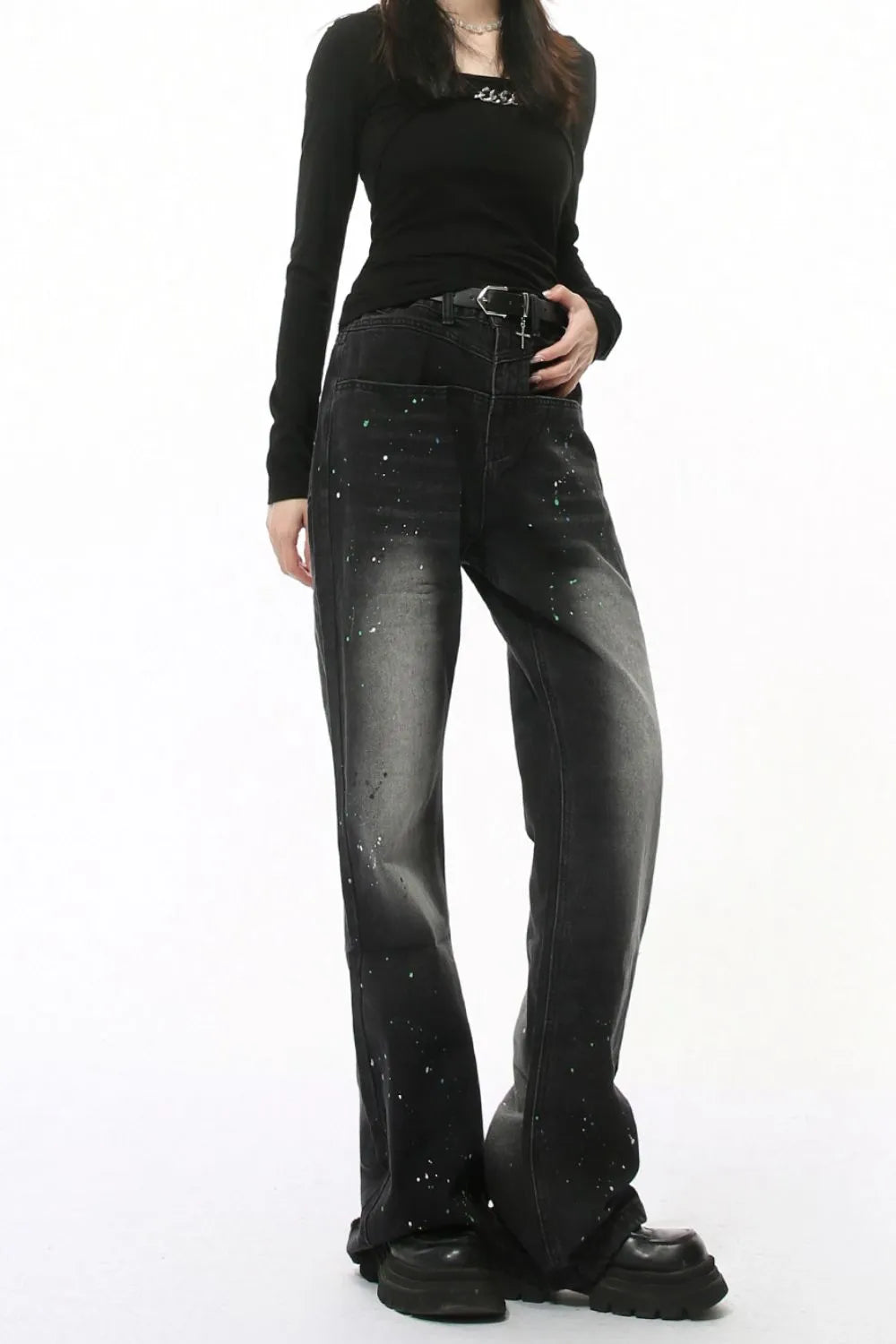 Harajuku Splash Ink Washed Jeans with Pockets