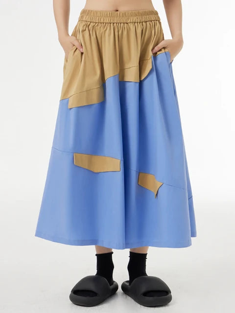 High Elastic Waist Khaki Color-block A-line Skirt for Women
