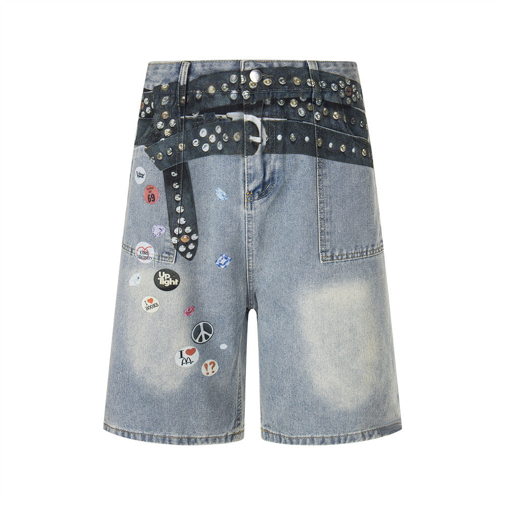Harajuku Style Denim Rivet Design Shorts for Men