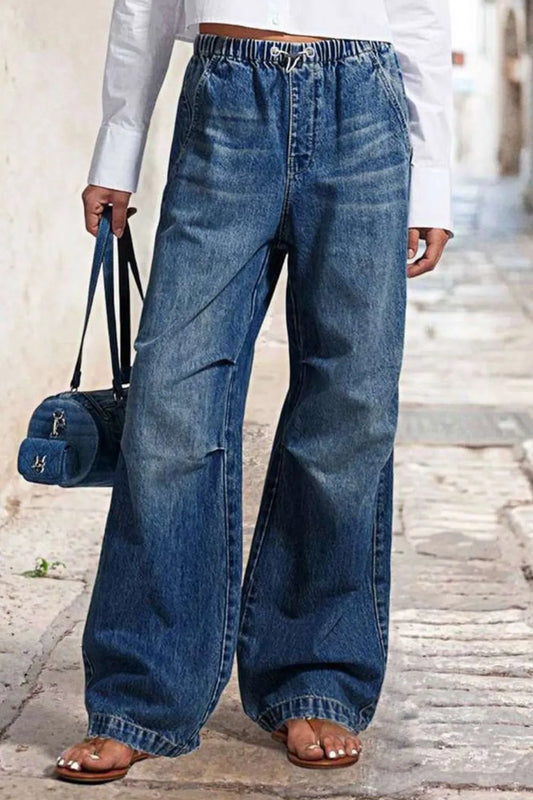 Playful Drawstring Waist Wide Leg Shirred Jeans