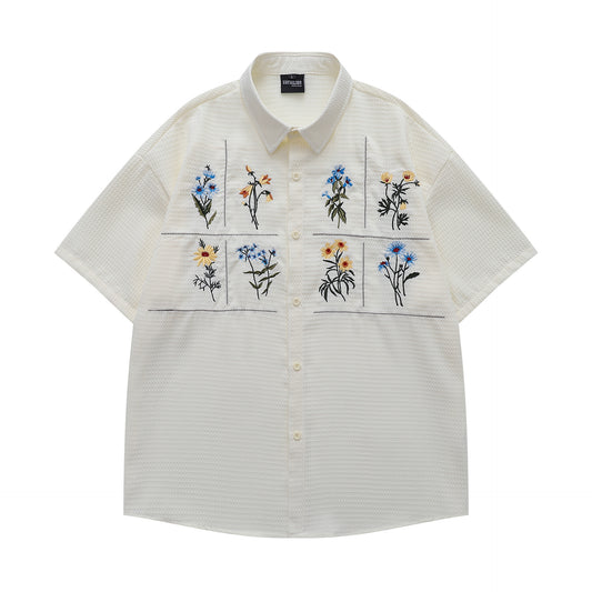 Floral Embroidery Waffle Short Sleeve Shirt