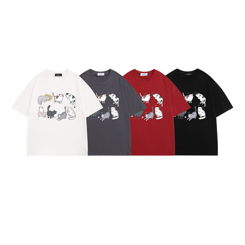Cartoon Cat Print Casual Short Sleeves