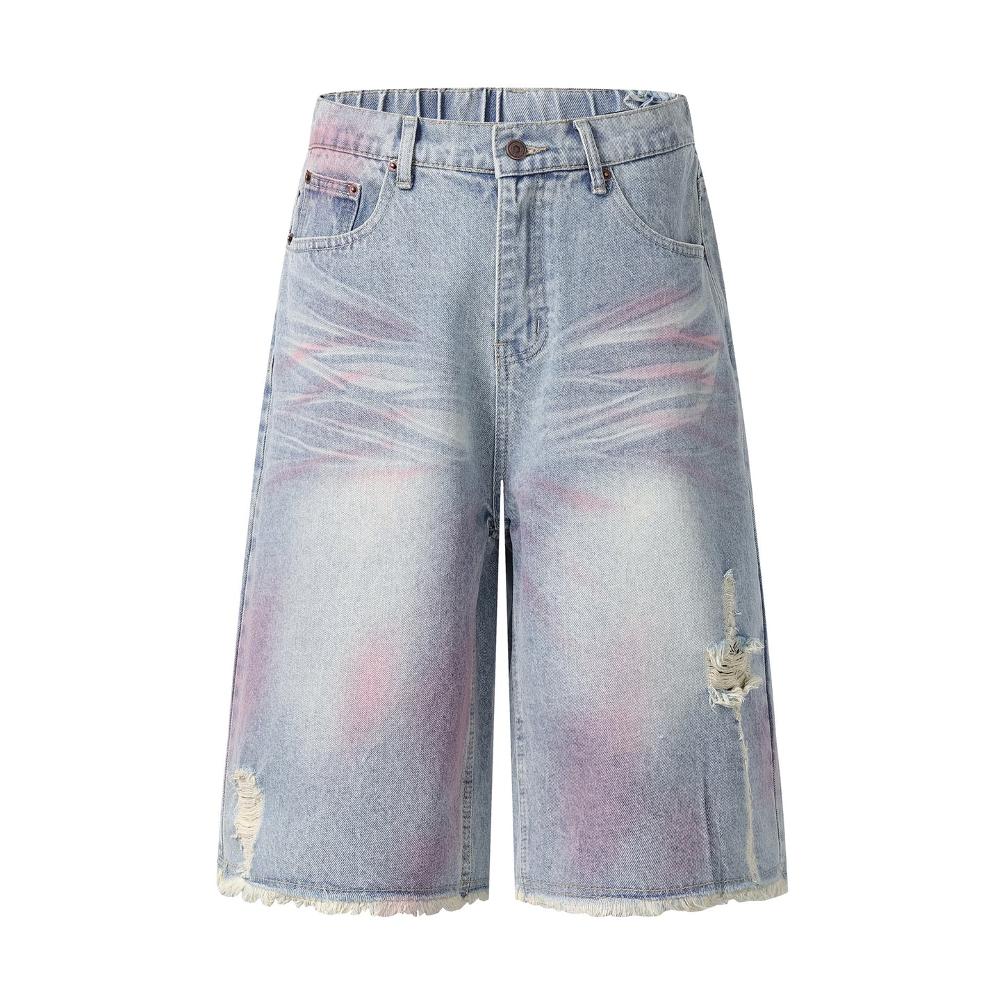 Distressed Washed Unique Design Seven-Quarter Denim Shorts