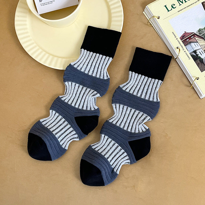 Harajuku Style Pleated Mid-Tube Socks - Contrast Color Cotton